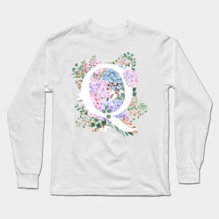 botanical monogram alphabet Q hydrangea flowers Long Sleeve T-Shirt